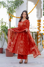 Ruby Red Printed Cotton Kurta Set with Dupatta