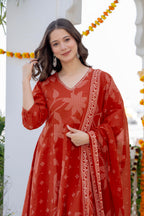 Ruby Red Printed Cotton Kurta Set with Dupatta