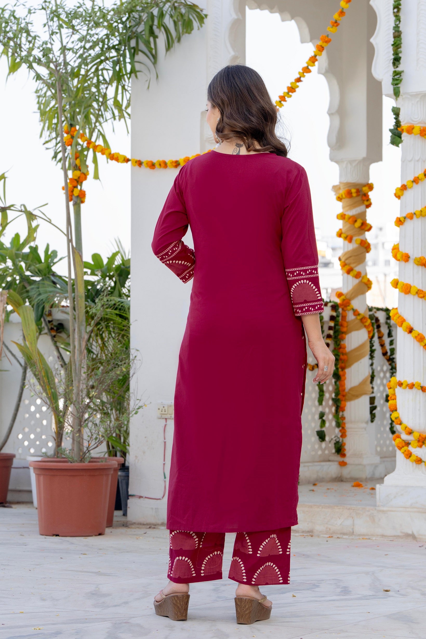 Magenta Cotton Printed Kurta Pant Dupatta Set