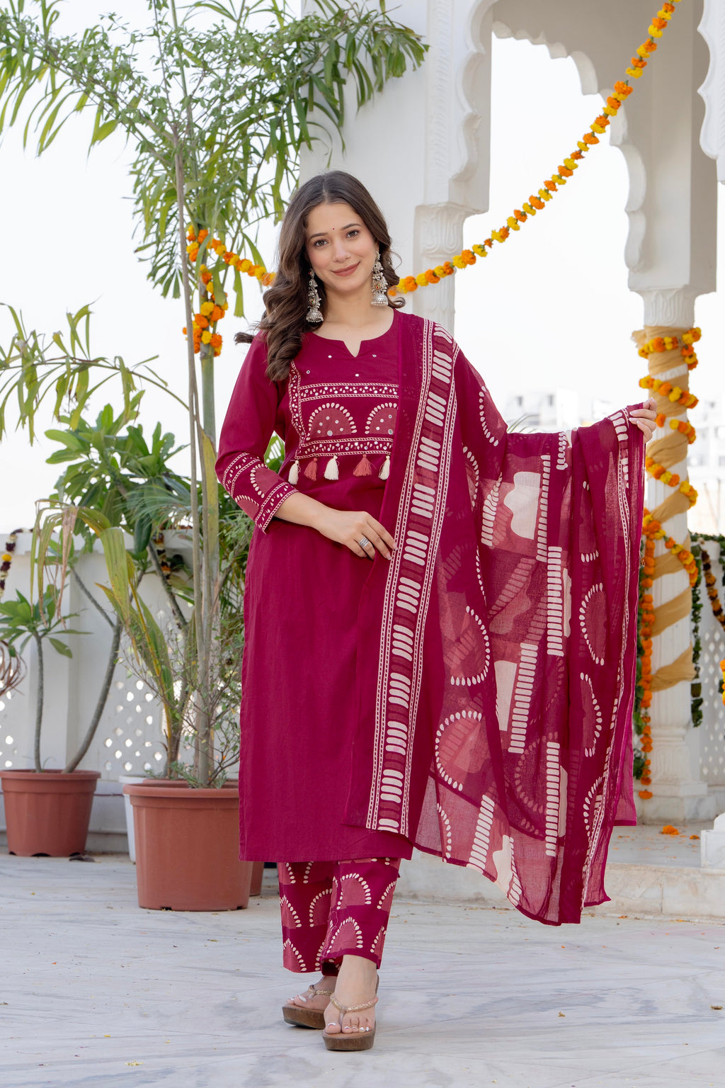 Magenta Cotton Printed Kurta Pant Dupatta Set