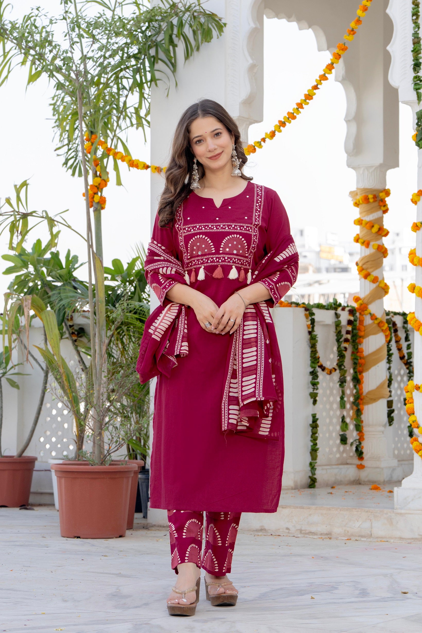 Magenta Cotton Printed Kurta Pant Dupatta Set