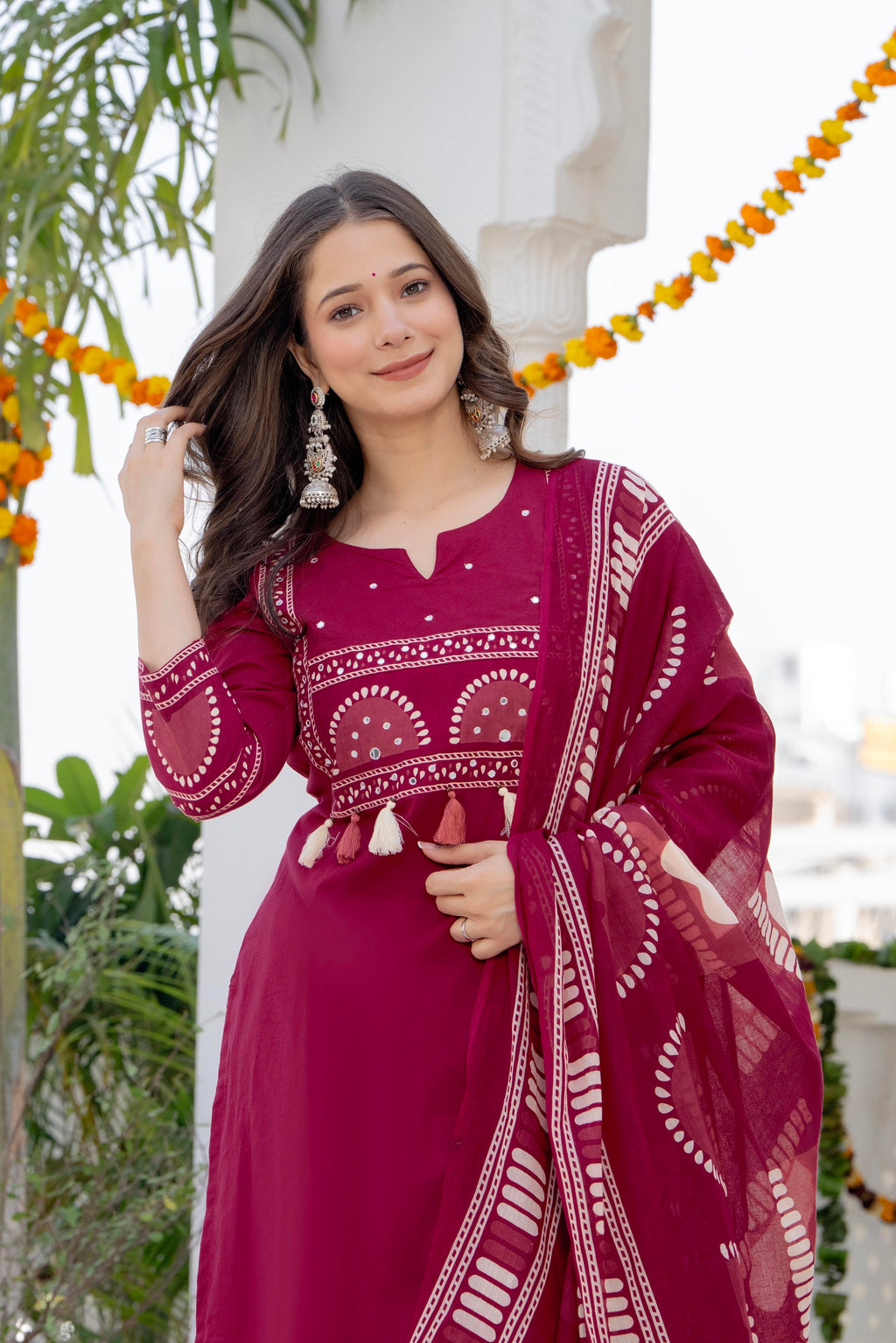 Magenta Cotton Printed Kurta Pant Dupatta Set