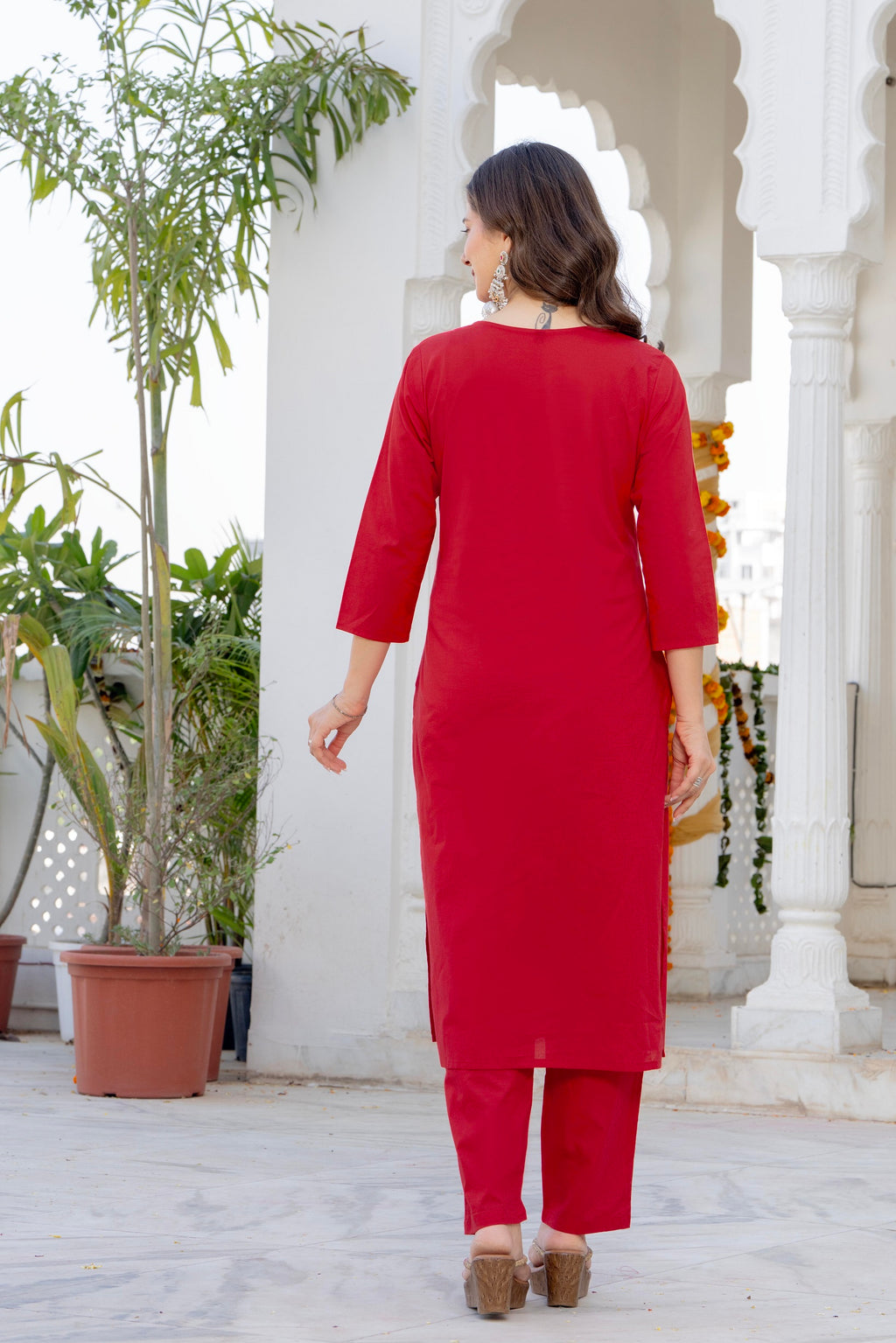 Ruby Red Cotton Kurta Pant Set with Printed Dupatta
