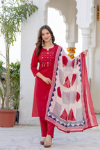Ruby Red Cotton Kurta Pant Set with Printed Dupatta