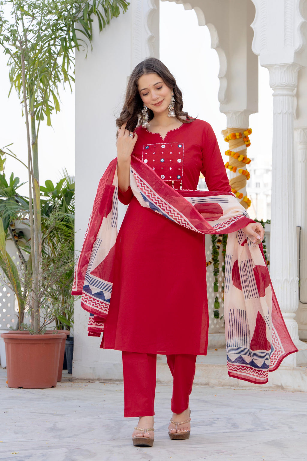 Ruby Red Cotton Kurta Pant Set with Printed Dupatta
