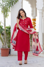 Ruby Red Cotton Kurta Pant Set with Printed Dupatta