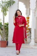 Ruby Red Cotton Kurta Pant Set with Printed Dupatta