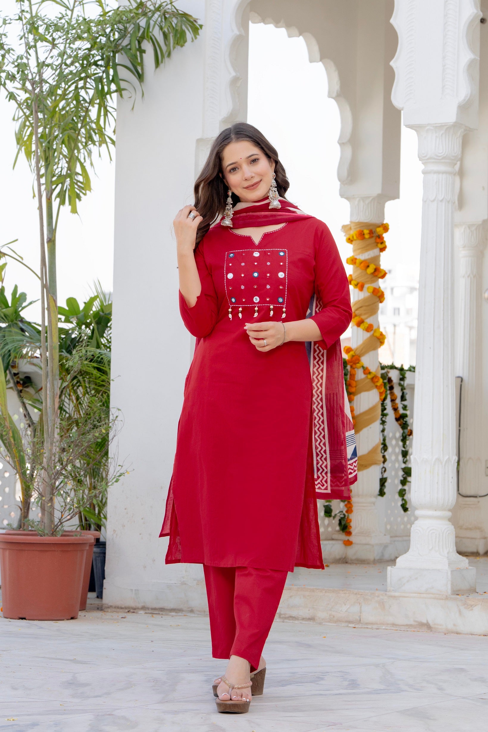Ruby Red Cotton Kurta Pant Set with Printed Dupatta