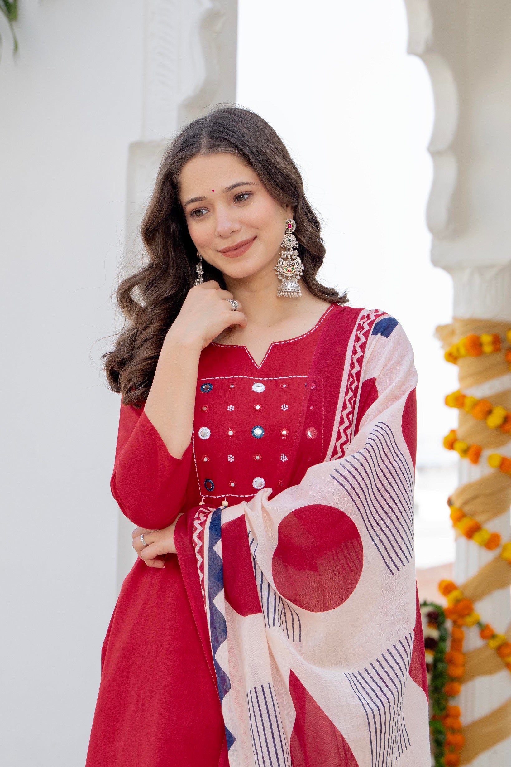 Ruby Red Cotton Kurta Pant Set with Printed Dupatta