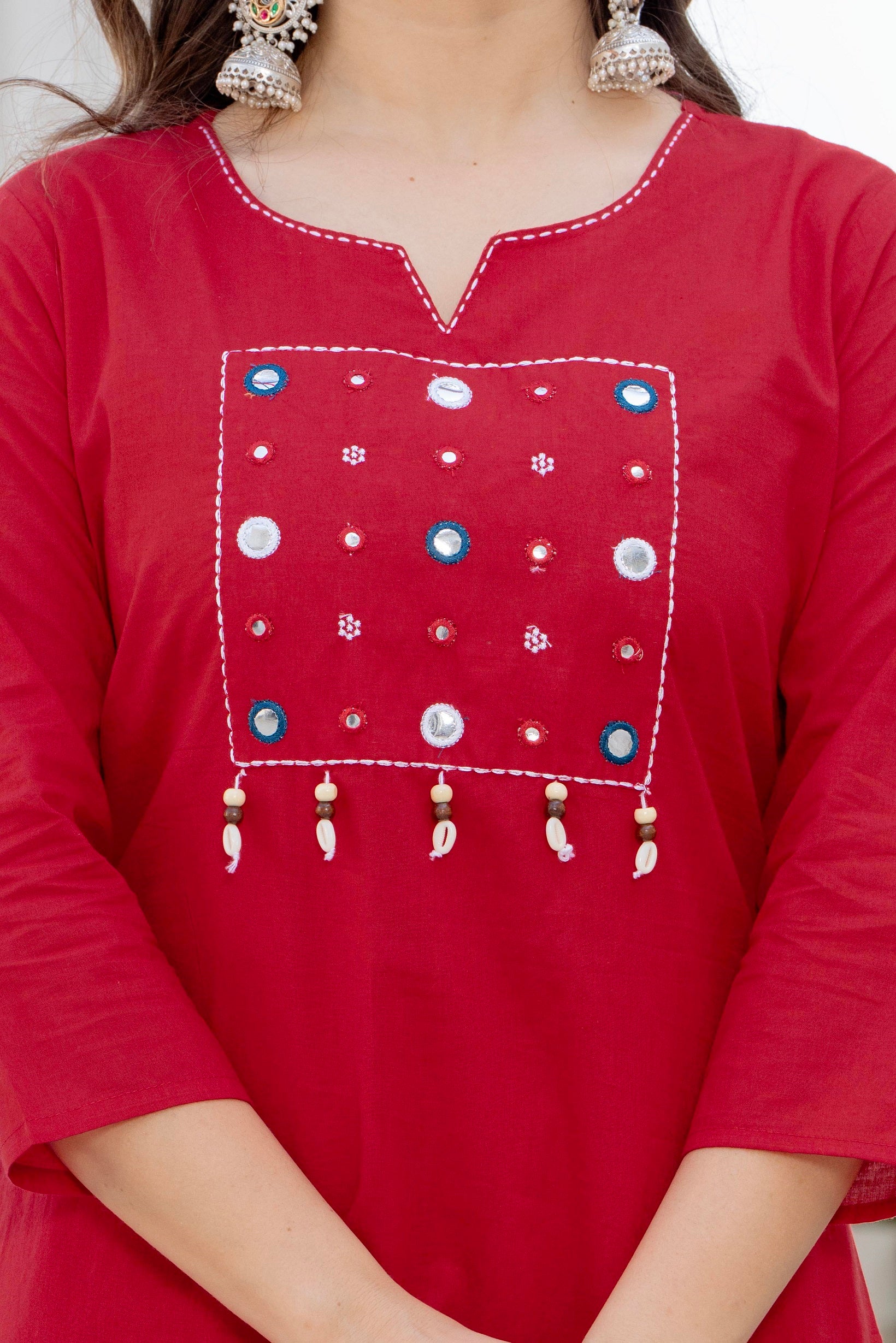 Ruby Red Cotton Kurta Pant Set with Printed Dupatta