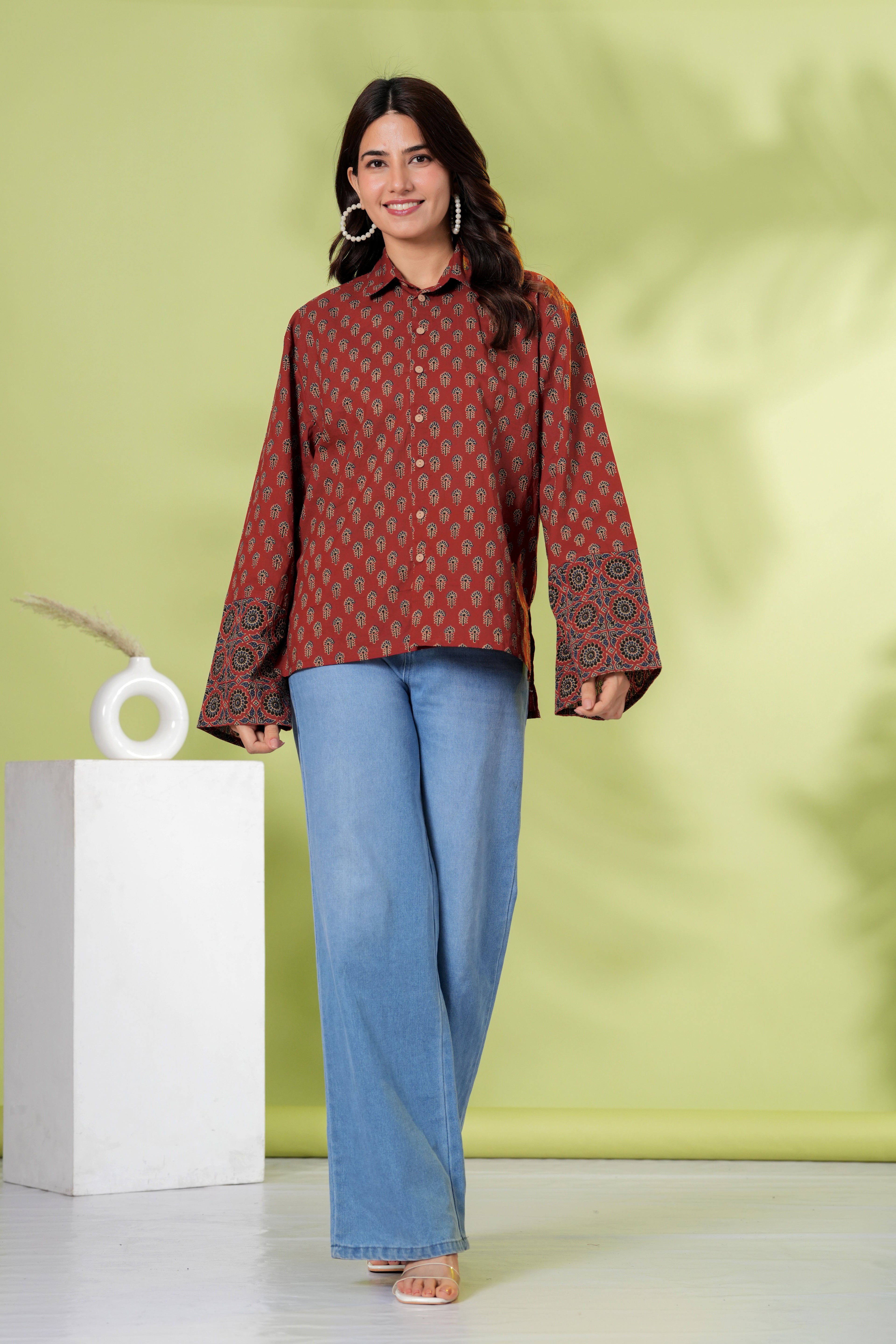 Rust Brown Printed Cotton Casual Shirt