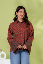Rust Brown Printed Cotton Casual Shirt
