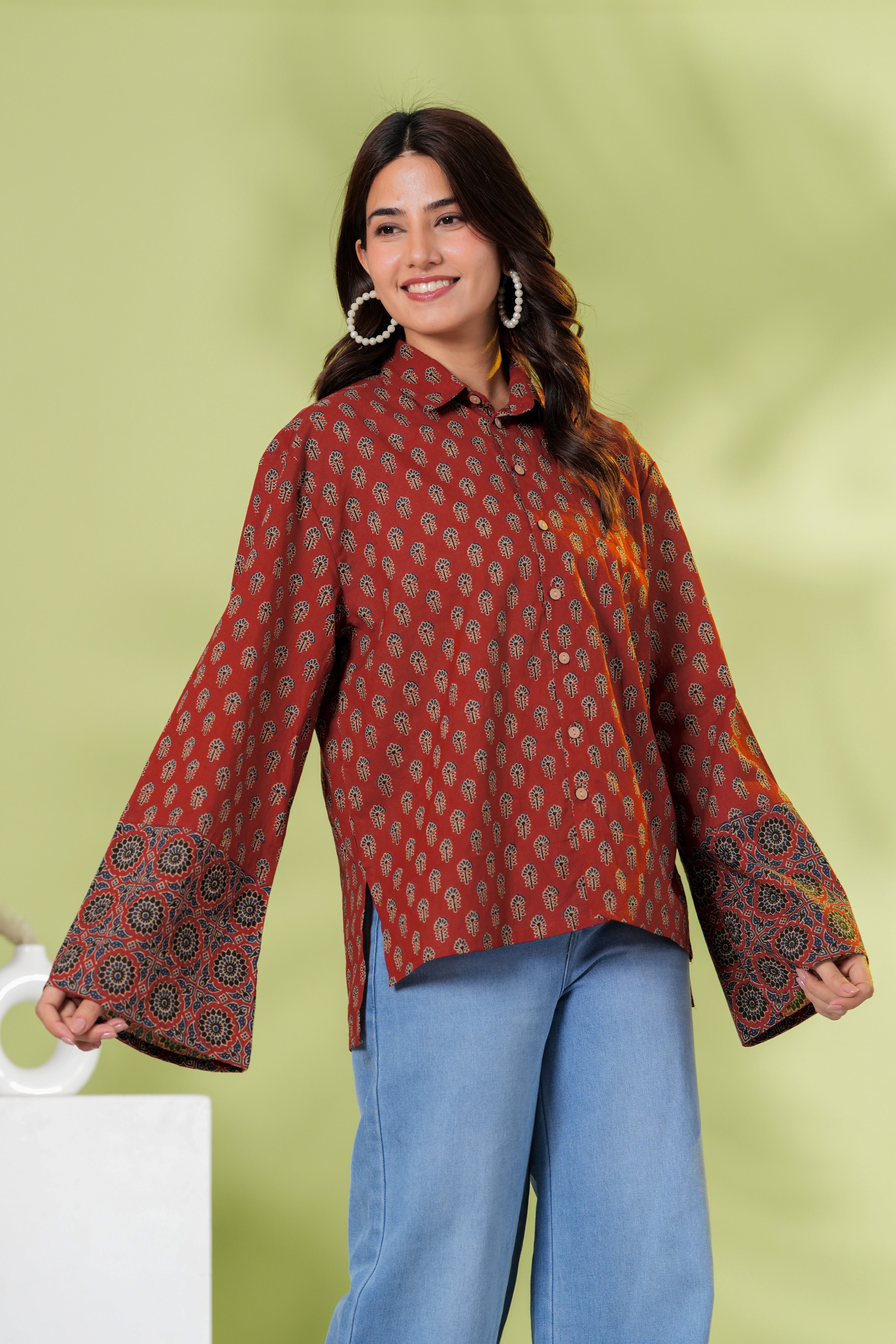 Rust Brown Printed Cotton Casual Shirt