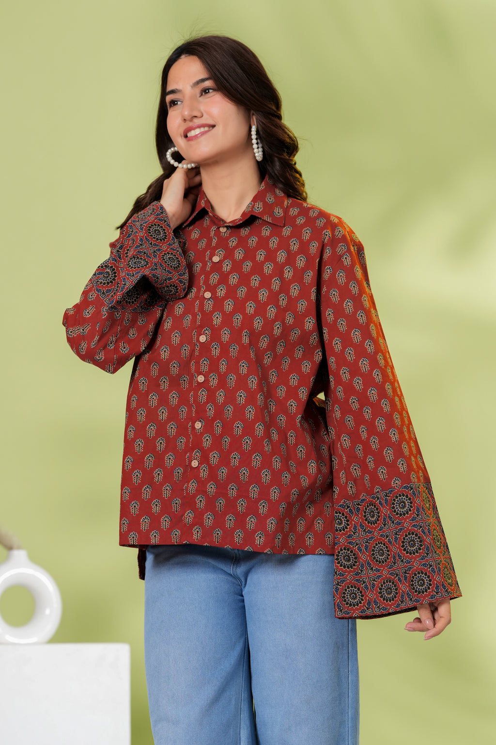 Rust Brown Printed Cotton Casual Shirt