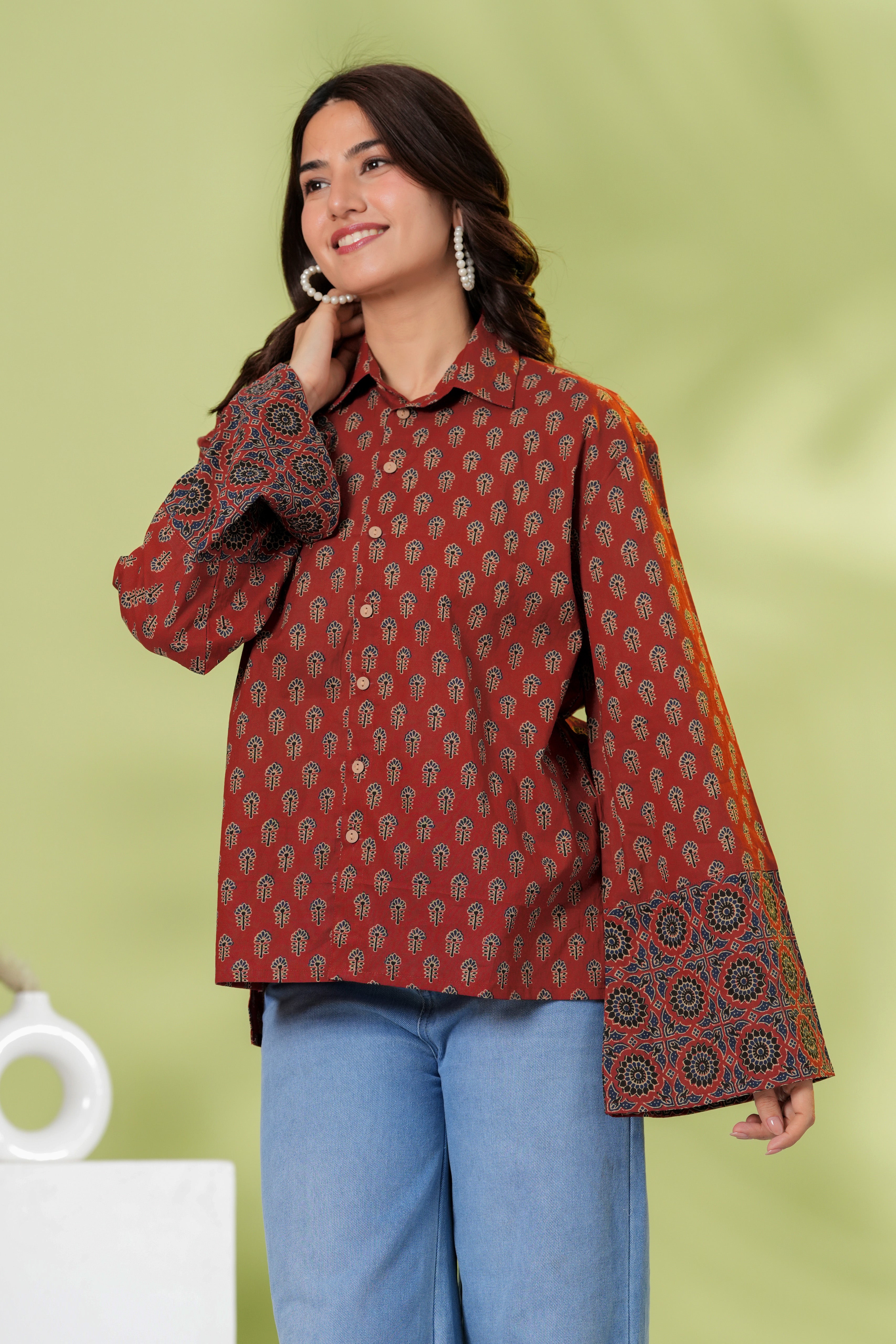 Rust Brown Printed Cotton Casual Shirt