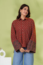 Rust Brown Printed Cotton Casual Shirt