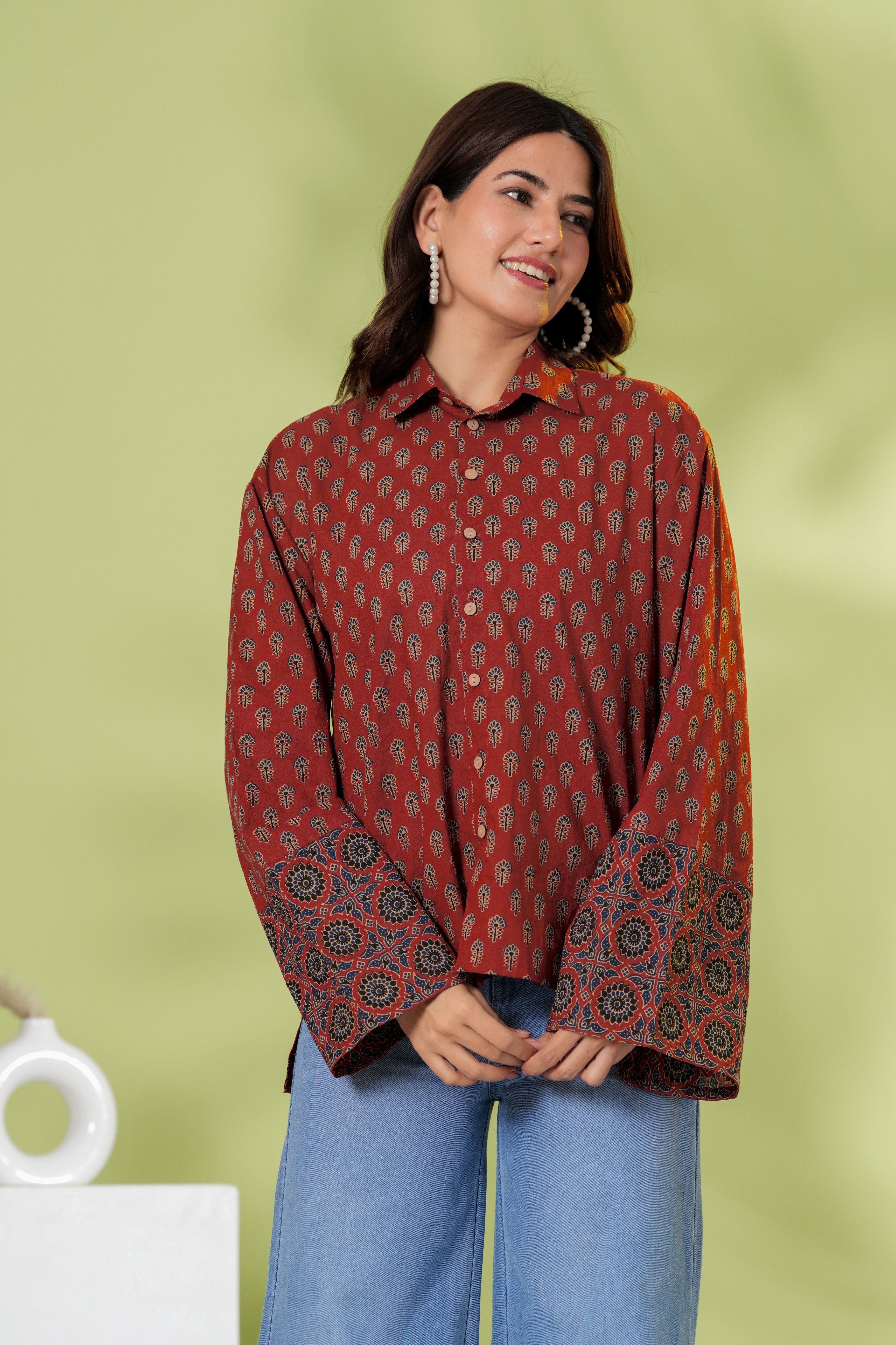 Rust Brown Printed Cotton Casual Shirt