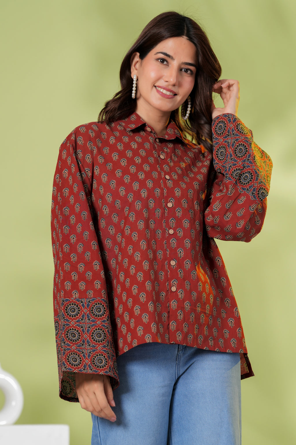 Rust Brown Printed Cotton Casual Shirt