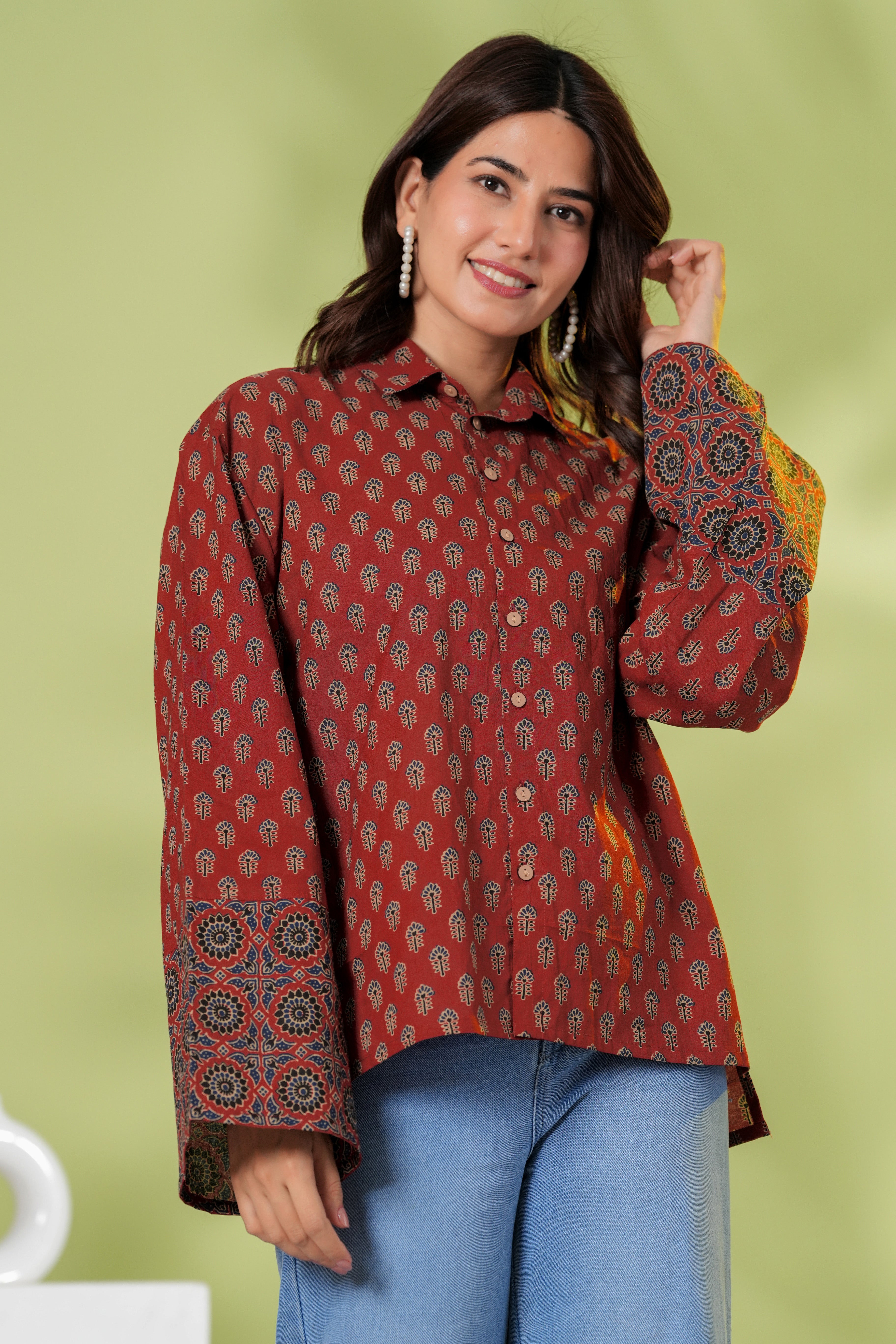 Rust Brown Printed Cotton Casual Shirt