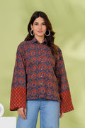 Navy Blue & Rust Floral Printed Cotton Shirt Top | Full Sleeve Casual Collared Top