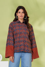 Navy Blue & Rust Floral Printed Cotton Shirt Top | Full Sleeve Casual Collared Top