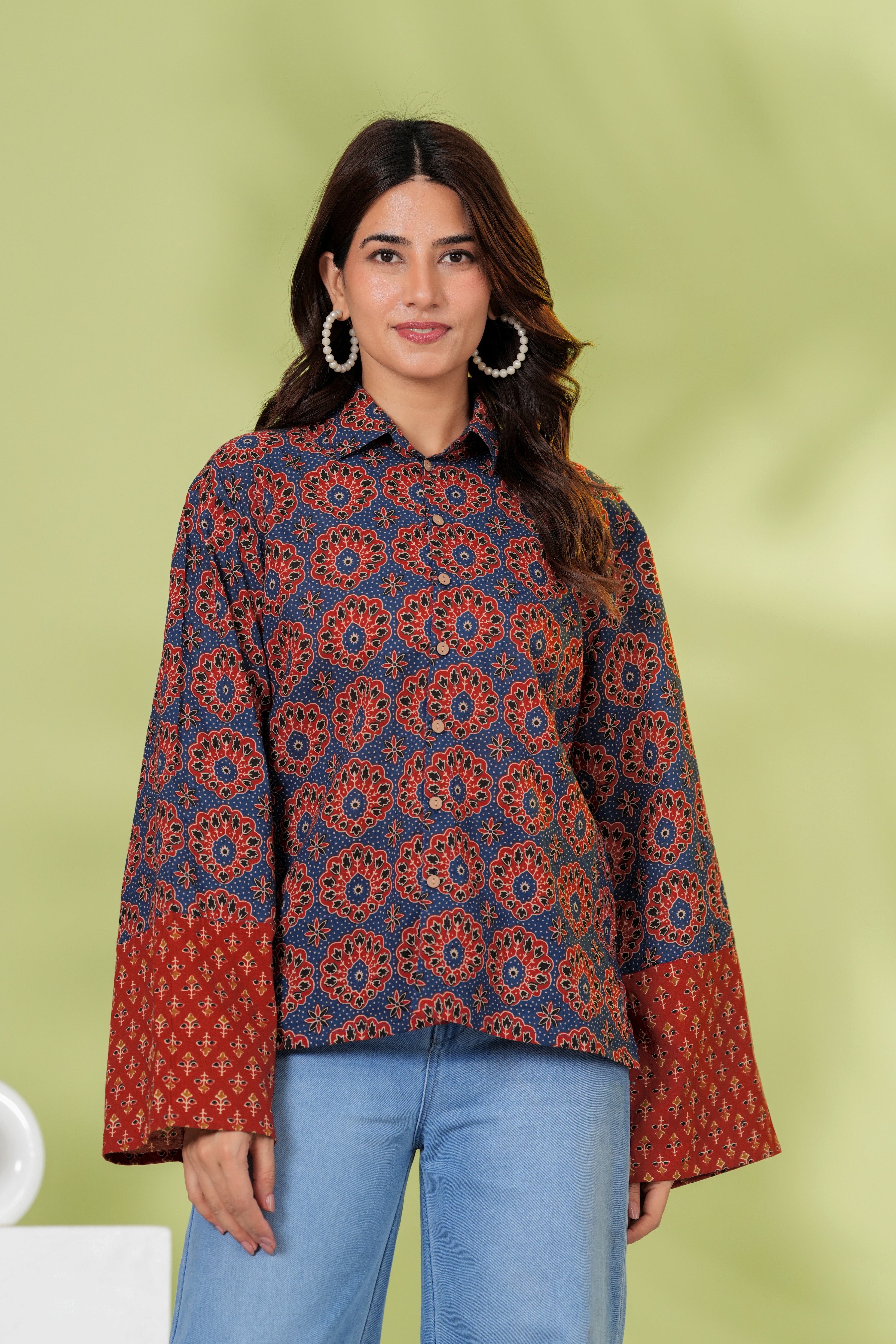 Navy Blue & Rust Floral Printed Cotton Shirt Top | Full Sleeve Casual Collared Top