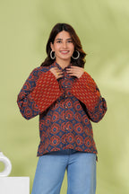 Navy Blue & Rust Floral Printed Cotton Shirt Top | Full Sleeve Casual Collared Top