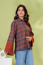 Navy Blue & Rust Floral Printed Cotton Shirt Top | Full Sleeve Casual Collared Top
