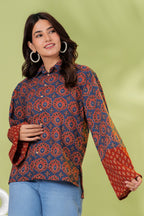 Navy Blue & Rust Floral Printed Cotton Shirt Top | Full Sleeve Casual Collared Top