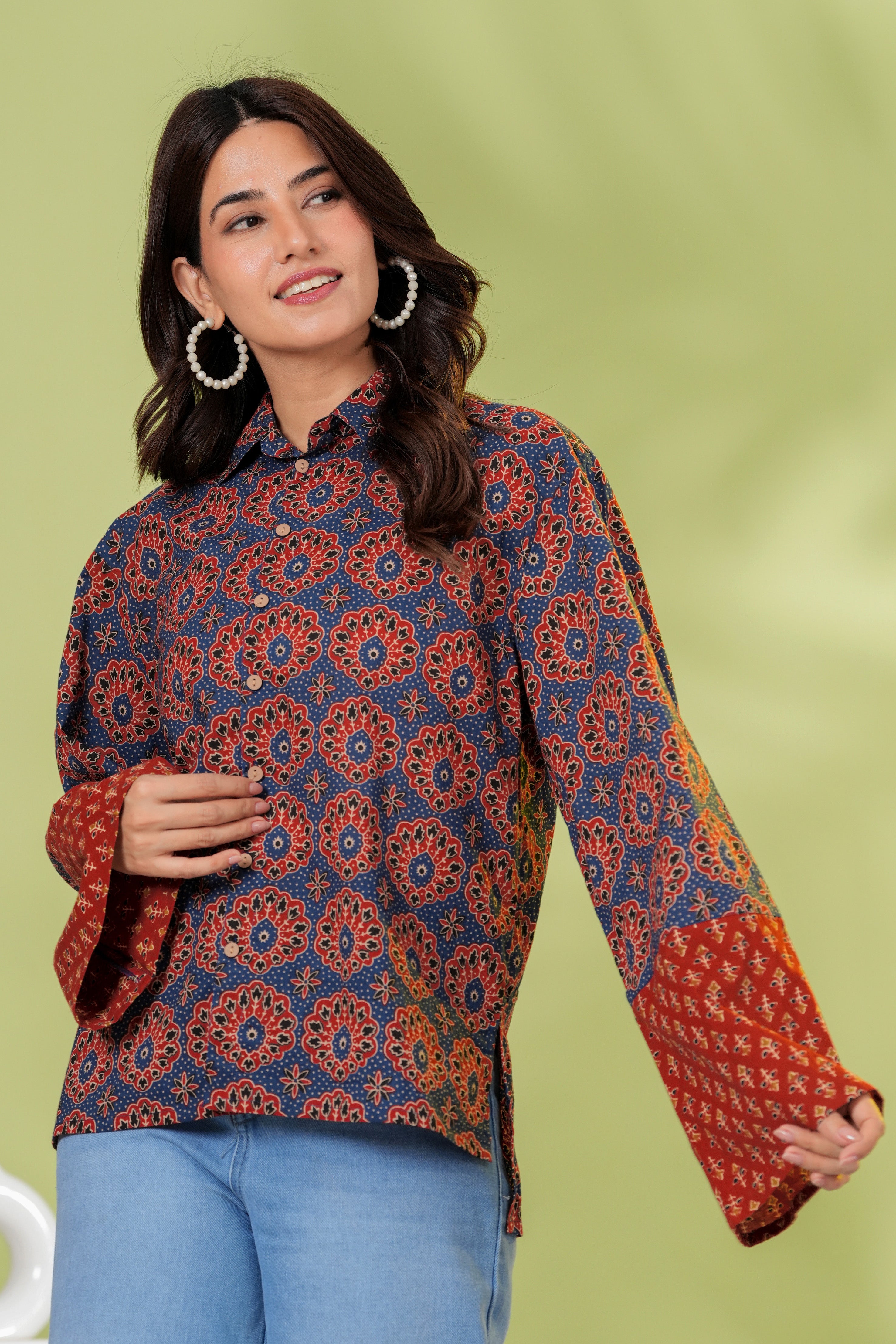 Navy Blue & Rust Floral Printed Cotton Shirt Top | Full Sleeve Casual Collared Top