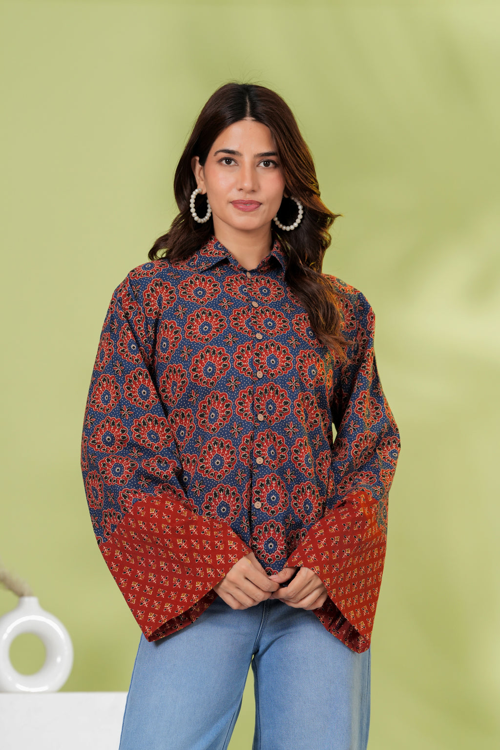 Navy Blue & Rust Floral Printed Cotton Shirt Top | Full Sleeve Casual Collared Top