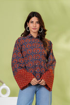 Navy Blue & Rust Floral Printed Cotton Shirt Top | Full Sleeve Casual Collared Top