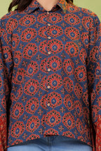 Navy Blue & Rust Floral Printed Cotton Shirt Top | Full Sleeve Casual Collared Top