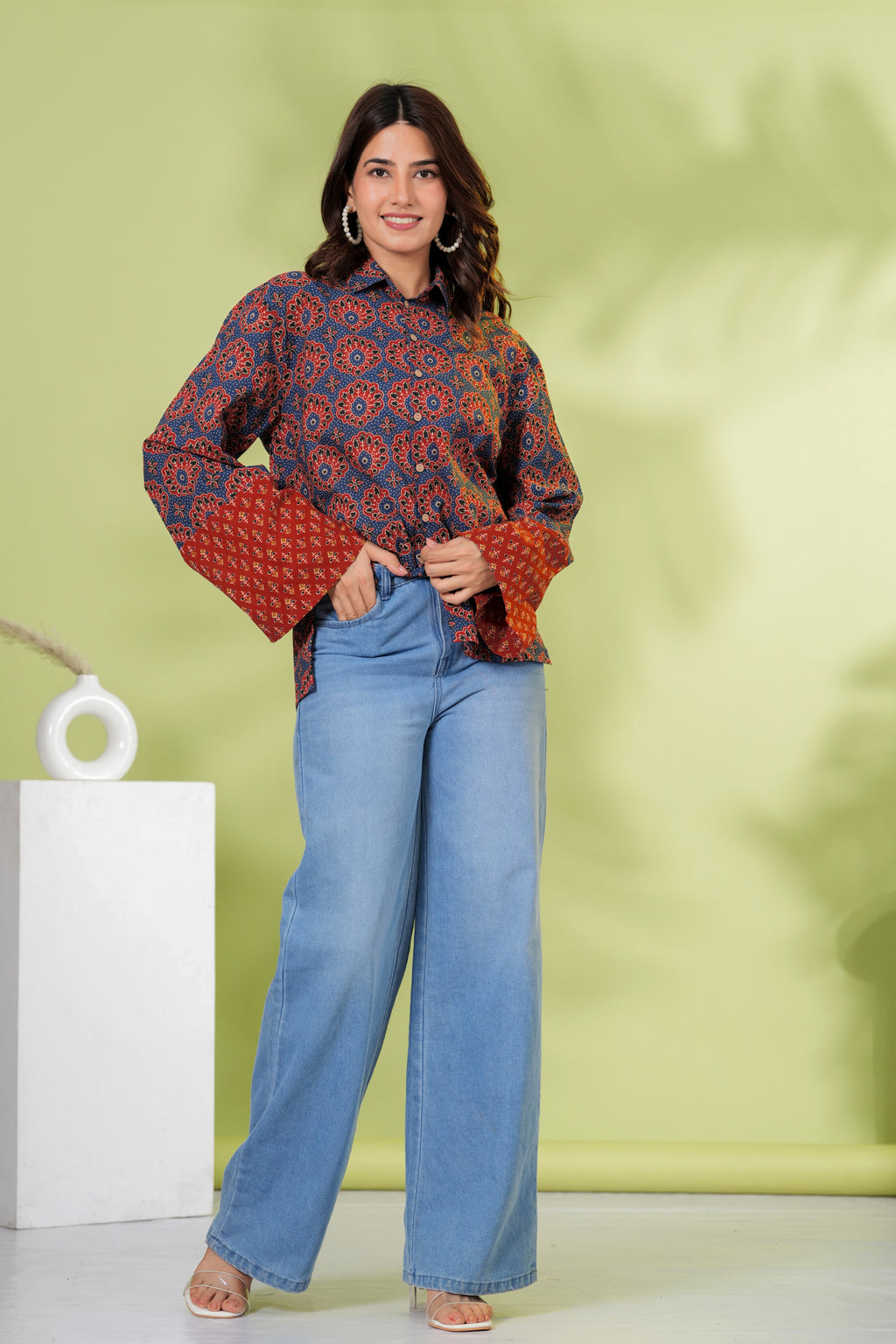 Navy Blue & Rust Floral Printed Cotton Shirt Top | Full Sleeve Casual Collared Top