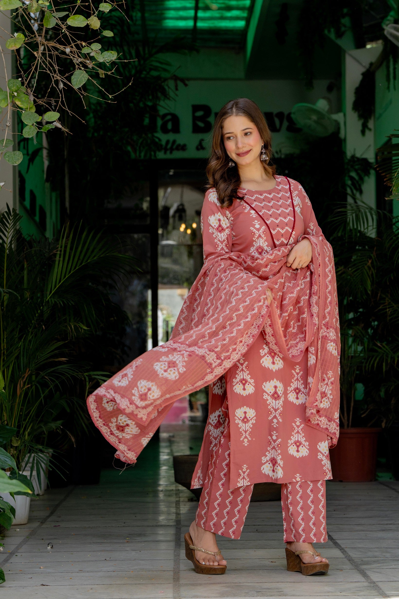 Blush Pink Ethnic Printed Kurta Pant Set with Dupatta
