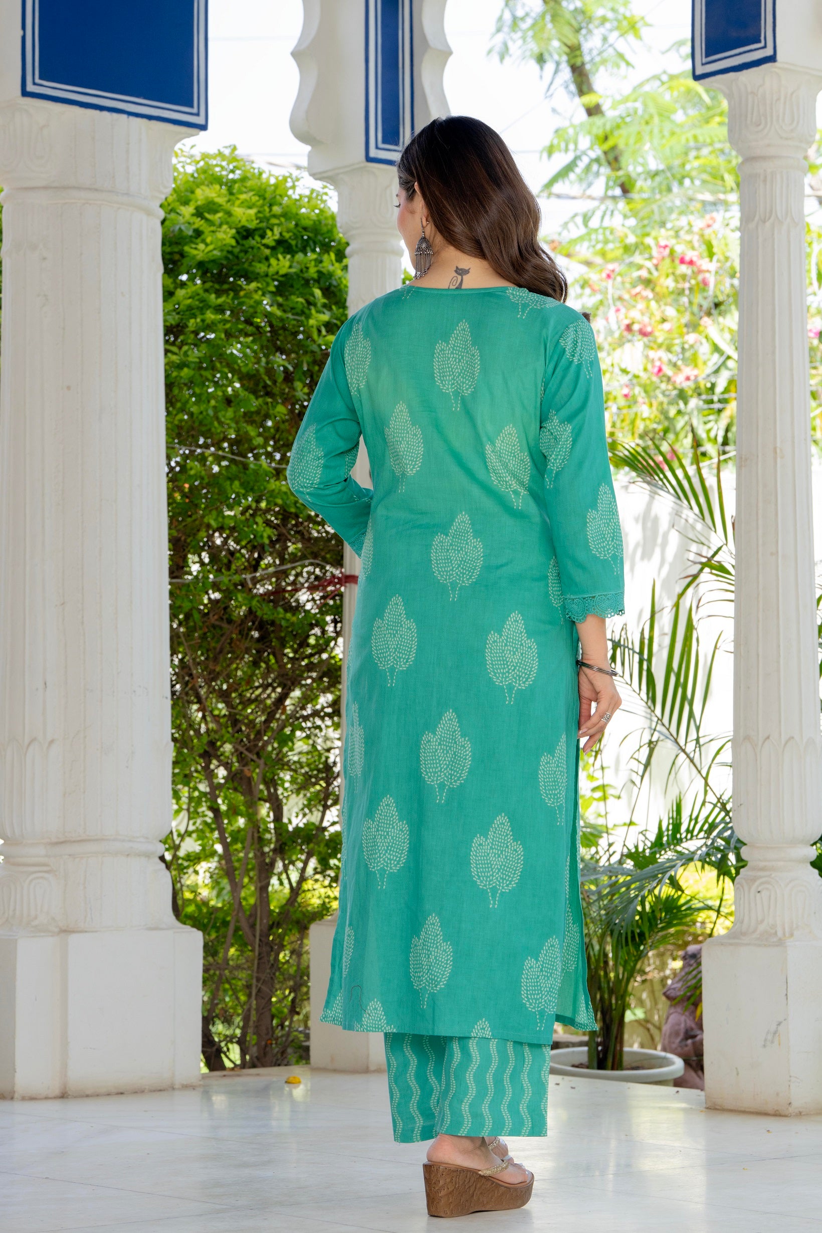 Aqua Green Printed Cotton Kurta Set with Dupatta