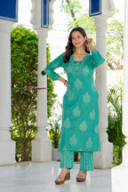 Aqua Green Printed Cotton Kurta Set with Dupatta