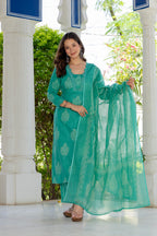 Aqua Green Printed Cotton Kurta Set with Dupatta