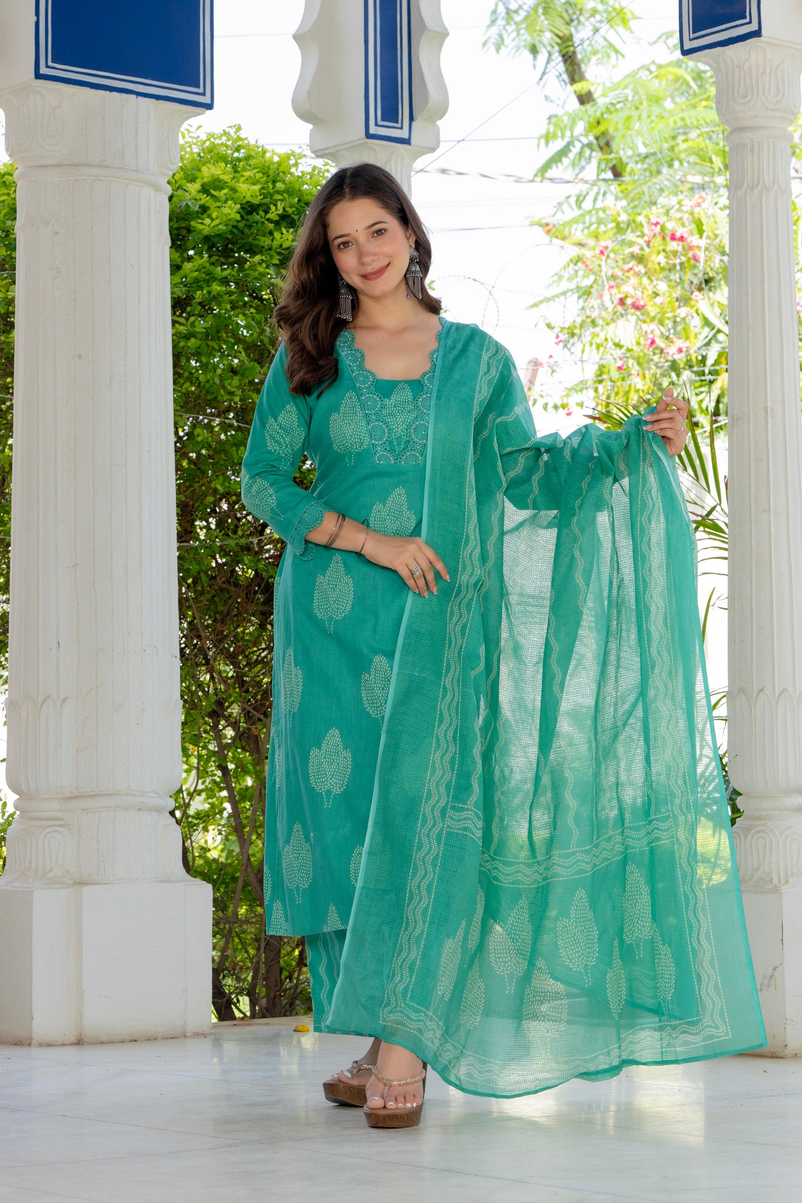 Aqua Green Printed Cotton Kurta Set with Dupatta