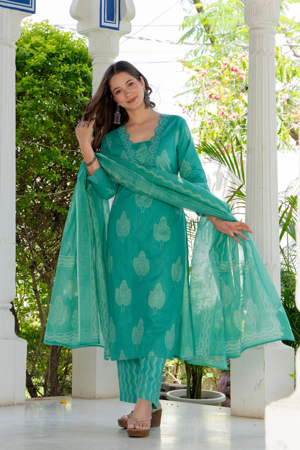 Aqua Green Printed Cotton Kurta Set with Dupatta
