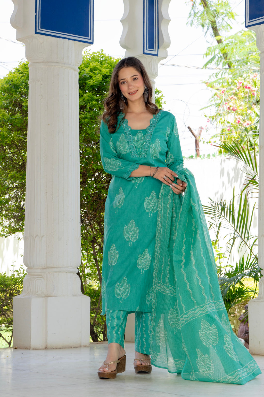 Aqua Green Printed Cotton Kurta Set with Dupatta