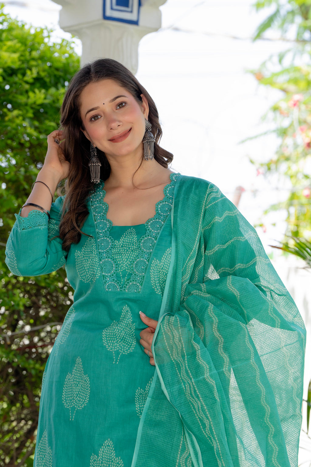 Aqua Green Printed Cotton Kurta Set with Dupatta