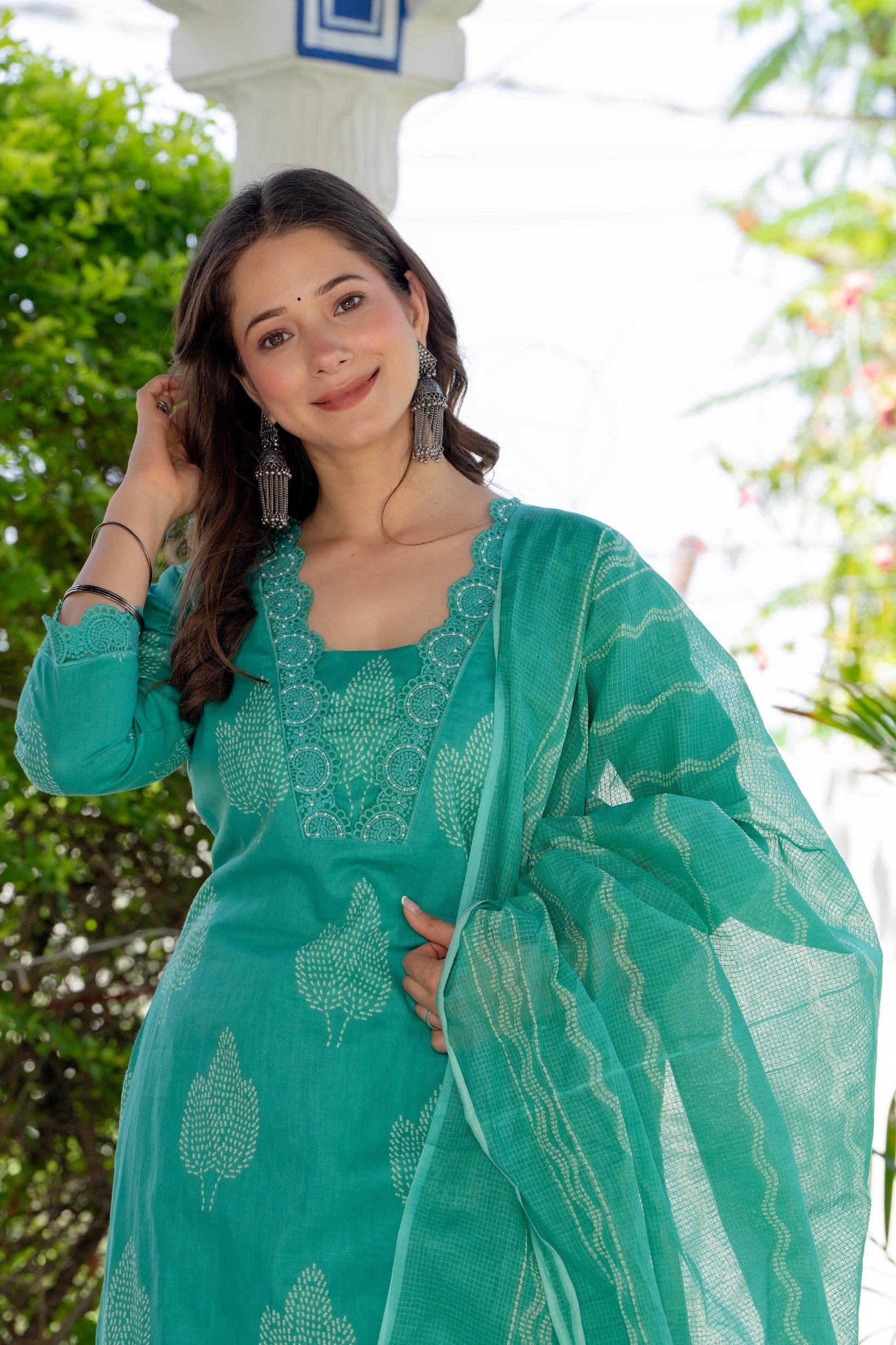 Aqua Green Printed Cotton Kurta Set with Dupatta