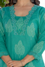 Aqua Green Printed Cotton Kurta Set with Dupatta
