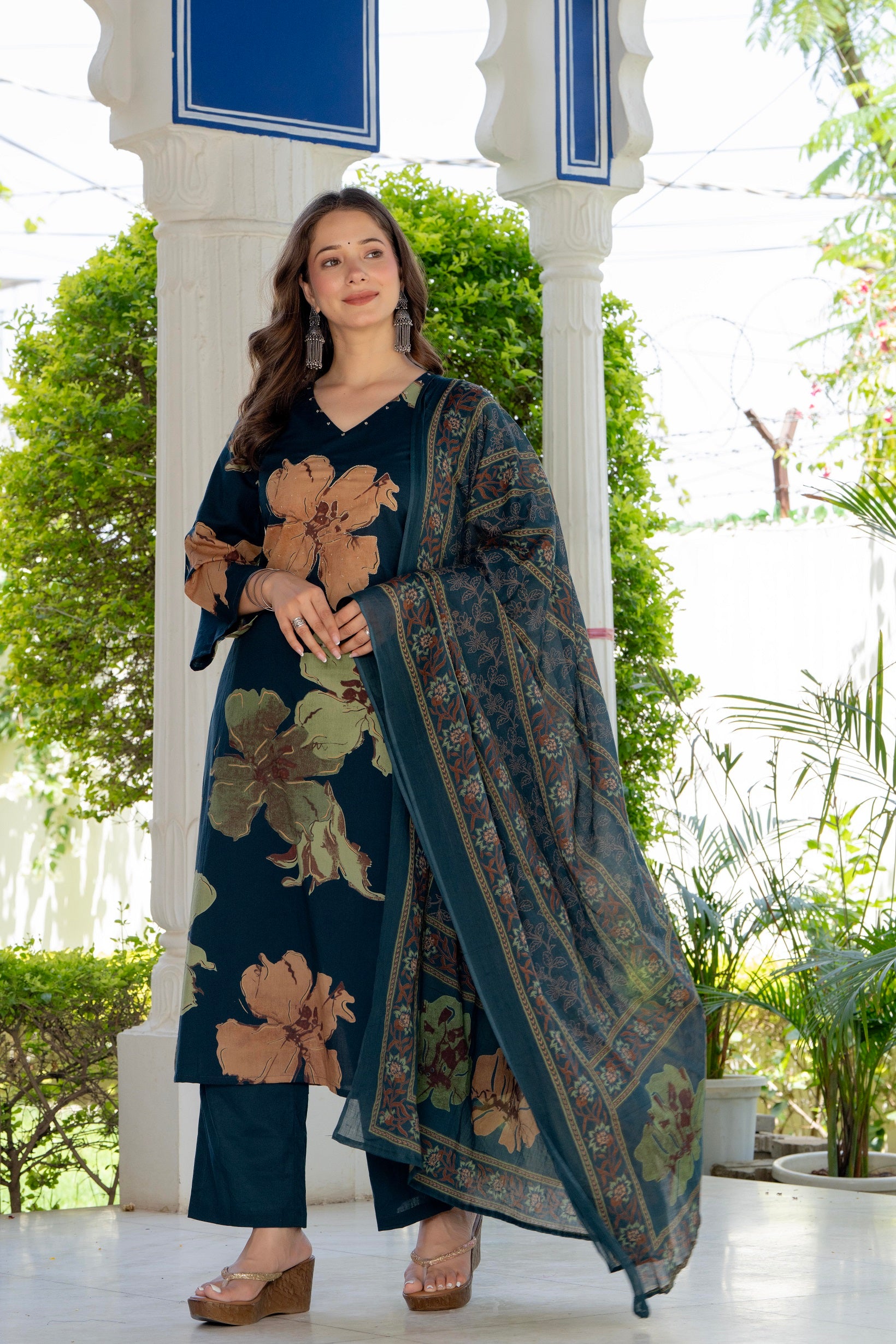 Midnight Bloom Floral Printed Kurta Set with Dupatta