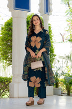 Midnight Bloom Floral Printed Kurta Set with Dupatta