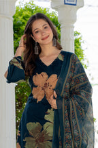 Midnight Bloom Floral Printed Kurta Set with Dupatta