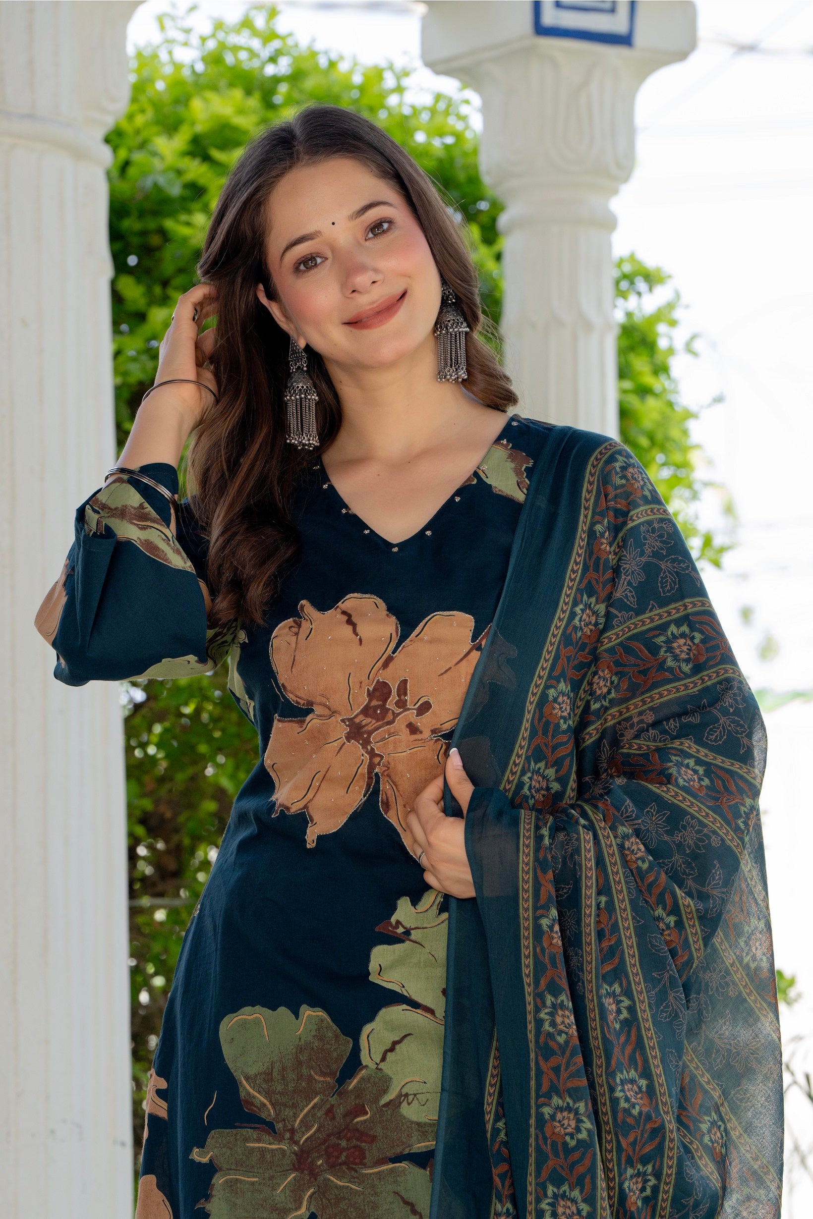 Midnight Bloom Floral Printed Kurta Set with Dupatta