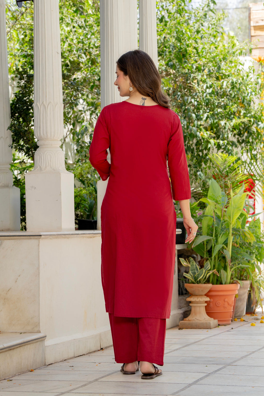 Maroon Cotton Kurta Pant Set with Printed Dupatta