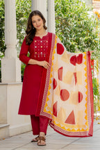 Maroon Cotton Kurta Pant Set with Printed Dupatta